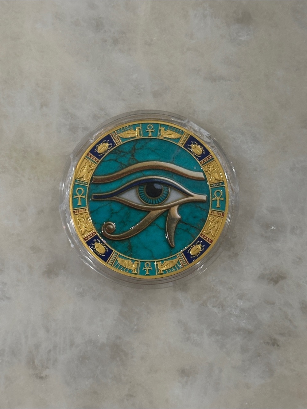 Turquoise and Gold Eye of Horus Decorative Coin